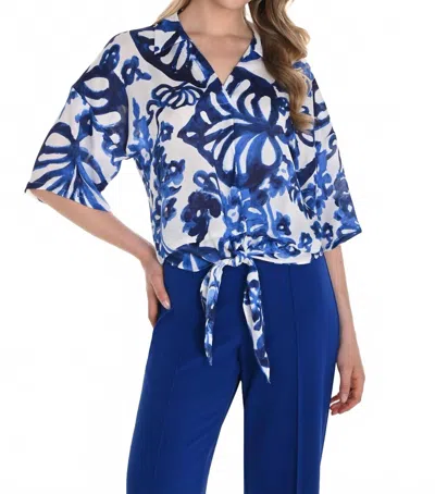 Frank Lyman Floral Tie-front V-neck In Blue/white