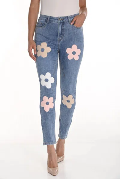 Frank Lyman Freesia Floral Embroidered Denim Jean In Light Blue, Pinks And White