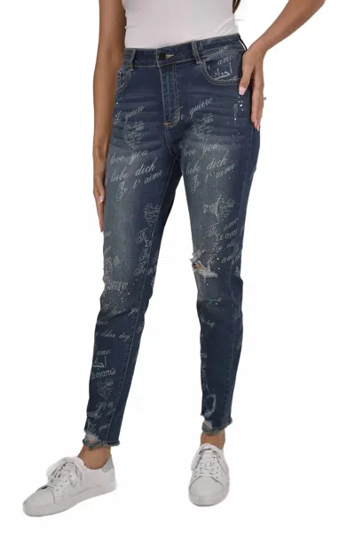 Frank Lyman Gina Embellished And Distressed Jeans In Blue