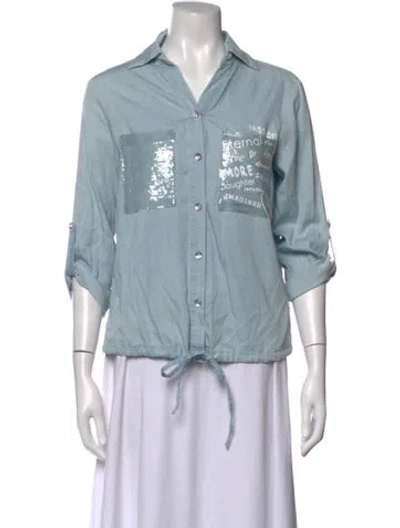 Pre-owned Frank Lyman Graphic Print V-neck Button-up Top In Blue
