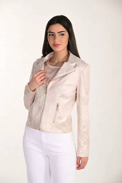 Frank Lyman Haisley Heart Moto Jacket In Metallic Pink And Gold