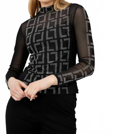 Frank Lyman Helena High Neck Long Sleeve Embellished Pullover In Black, Silver