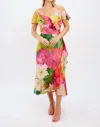FRANK LYMAN HIBISCUS RUFFLE MIDI DRESS IN FUCHSIA/GREEN