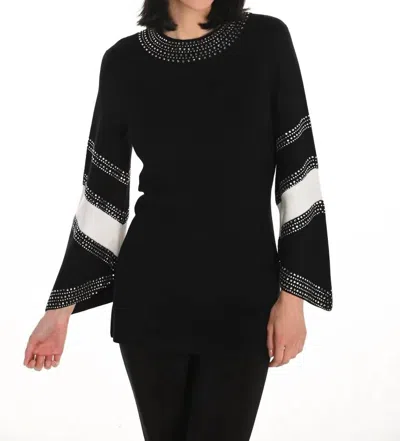 Frank Lyman Jasna Jeweled Stripe Pullover Sweater In Black And Off-white
