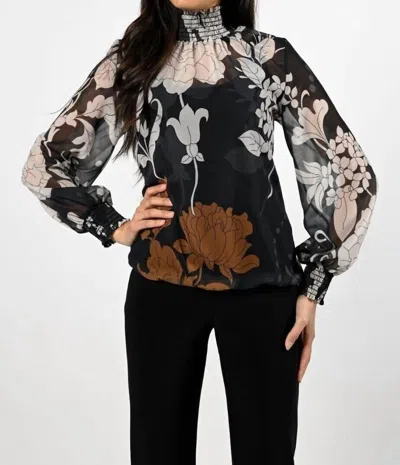 Frank Lyman Long Sleeve Shirred Trim Top In Black