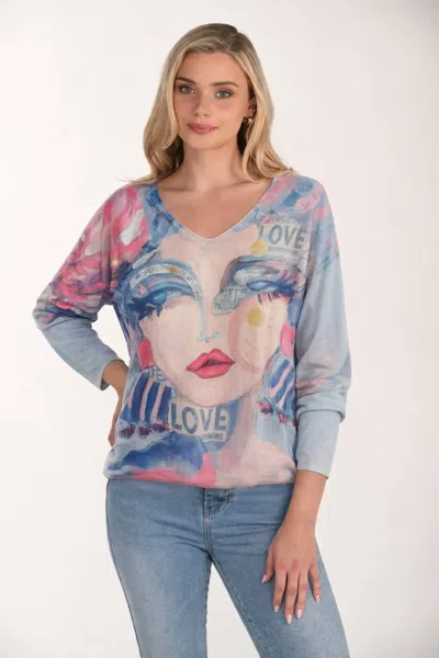 Frank Lyman Media Knit Pull Over In Pink/light Blue In Multi