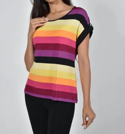 Frank Lyman Melissa Short Sleeve Top With Rhinestone Tab In Multi Stripe