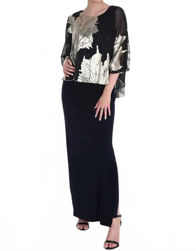 Frank Lyman Metallic Floral Chiffon Overlay Evening Dress In Navy/gold In Blue