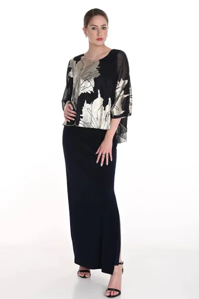 Frank Lyman Metallic Floral Chiffon Overlay Evening Dress In Navy/gold In Black