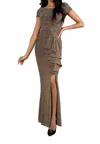 Frank Lyman Metallic Ruffle Gown In Copper/black In Brown