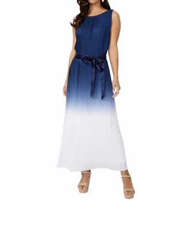 Frank Lyman Ombré Pleated Long Dress In Navy/off-white In Blue
