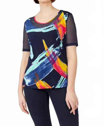 Frank Lyman Patterned Mesh Scoop Neck Top In Navy/pink In Multi