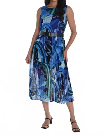 Frank Lyman Pleated Chiffon Belted Midi Dress In Blue/multi