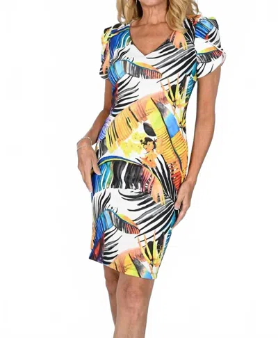 Frank Lyman Printed Scuba Knit Dress In Off White/royal In Multi