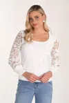Frank Lyman Sela Sheer Floral Sleeve Pullover Top In Ivory In Multi