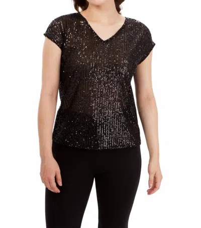 FRANK LYMAN SEQUIN V-NECK KNIT TOP IN BLACK