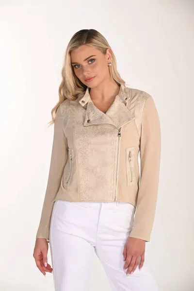 Frank Lyman Serena Snake Print Mixed Media Moto Jacket In Beige In Neutral