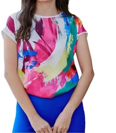 Frank Lyman Short Sleeve Loose Fitting Top In Multi/vanilla