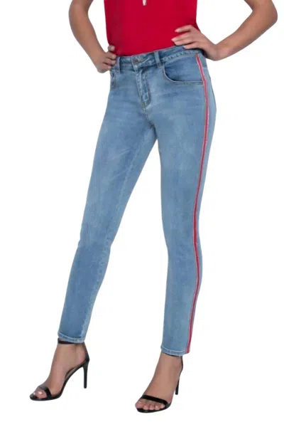 Frank Lyman Skinny Jeans With Ribbon Side And Rhinestones In Mid Wash In Blue