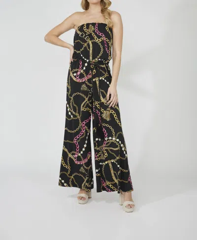 Frank Lyman Strapless Chain Print Jumpsuit In Black/pink In Multi