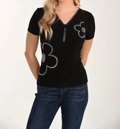 Frank Lyman Susette Short Sleeve Sequin Floral Top In Black