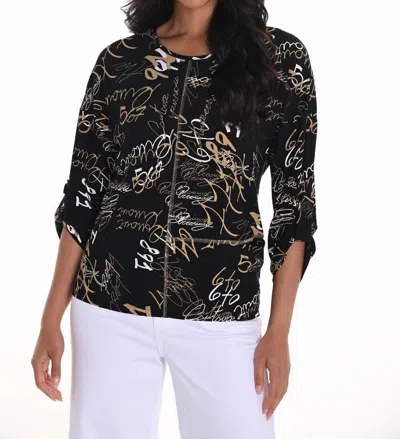 Frank Lyman Text Print 3/4 Sleeve Knit Top In Black/beige In Multi