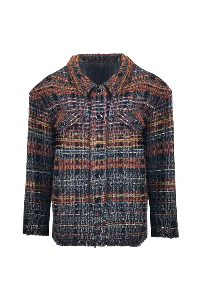 Frank Lyman Textured Tweed Jacket Shirt In Black, Orange, Yellow, Blue Plaid In Multi