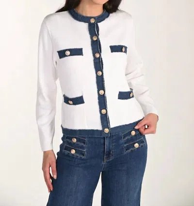 Frank Lyman Tivra Textured Knit Cardigan In Off White And Blue In Brown
