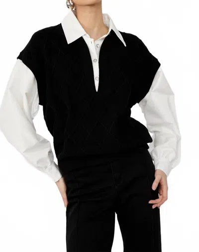 Frank Lyman V-neck Diamond Puff Sleeve Top In Black/off White