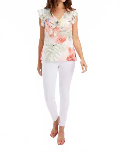 Frank Lyman V-neck Floral Pullover In White Multi