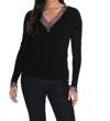 Frank Lyman V-neck Sweater With Crystal Stone Detail In Black In Black