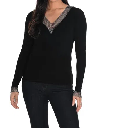Frank Lyman V-neck Sweater With Crystal Stone Detail In Black