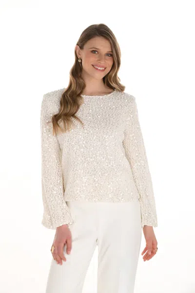 Frank Lyman Whisper Long Drape Sleeve Sparkle Top In Winter White