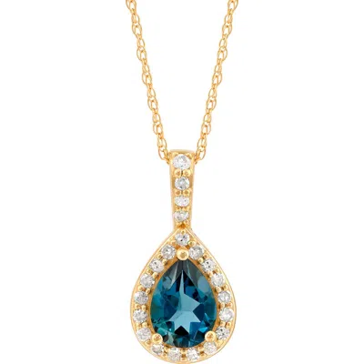 Frankie & Zoe 10k Yellow Gold Pear Cut London Blue Topaz & Diamond Halo Pendant Necklace