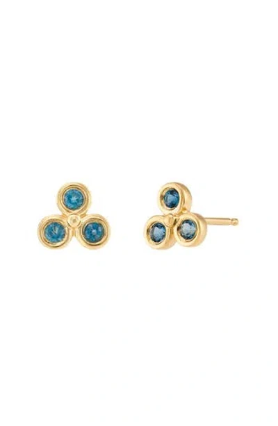 Frankie & Zoe 2mm Bezel London Blue Topaz Trio Stud Earrings In Gold
