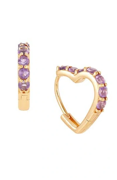 Frankie & Zoe Amethyst Heart Hoop Earrings In Yellow Gold