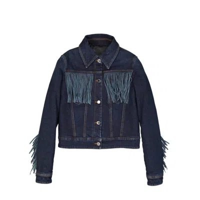 FRANKIE MORELLO PADDED DENIM JACKET WITH LEATHER FRINGE DETAILS