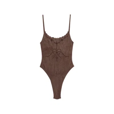 Frankies Bikinis Juliet Scalloped Embroidered Swimsuit In Brown