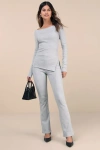 Frankies Bikinis Blair Heather Grey Ribbed Flared Lounge Pants In Heather Grey