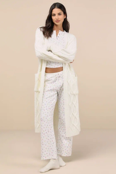 Frankies Bikinis Cabin White Floral Waffle Knit Pants