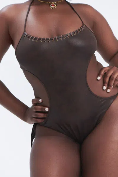 Frankies Bikinis Celeste Leather Look Monokini One Piece Swim In Cocoa In Black