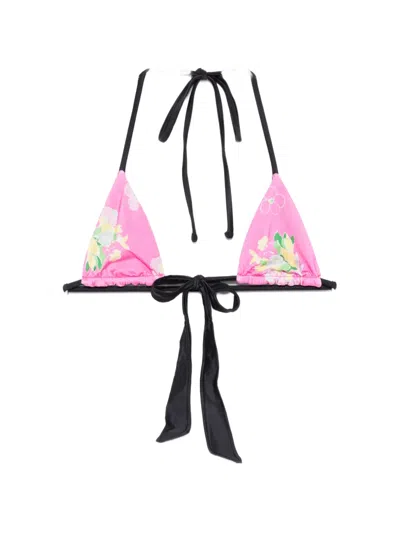 Frankies Bikinis Coastal Floral-print Tied Bikini Top In Pink