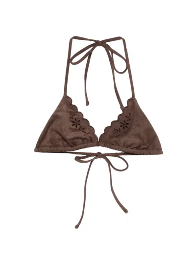 Frankies Bikinis Floral-appliqué Scalloped Bikini Top In Brown