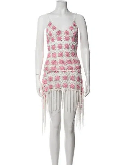 Pre-owned Frankies Bikinis Floral Print Tassel Accents Skirt Set In White