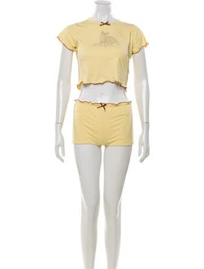 Pre-owned Frankies Bikinis Graphic Print Bow Accents Bikini In Yellow
