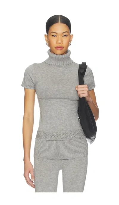 Frankies Bikinis Jasmine Cloud Knit Short Sleeve Turtleneck Top In Gray