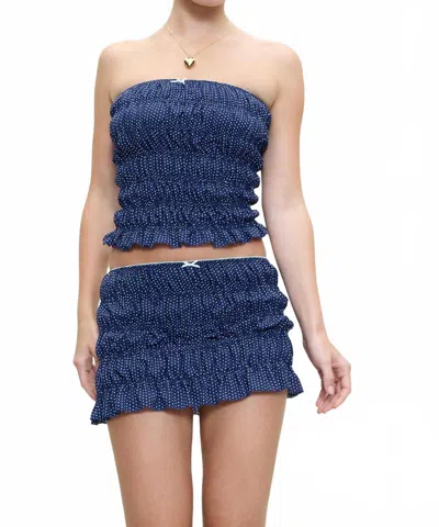 Frankies Bikinis Jolie Crepe Strapless Shirt In Dotty In Blue