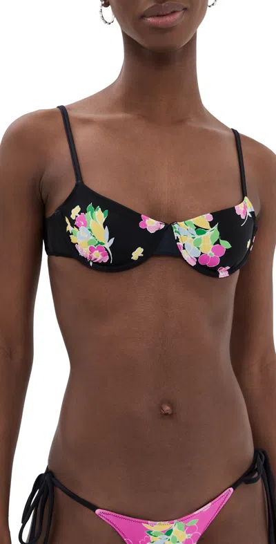 Frankies Bikinis Morning Satin Bikini Top Midnight Blossom In Black