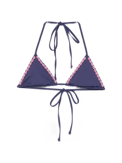 Frankies Bikinis Nick Floral-embellished Triangle Bikini Top In Blue