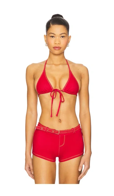 Frankies Bikinis Paradise Denim Bikini Top In Red